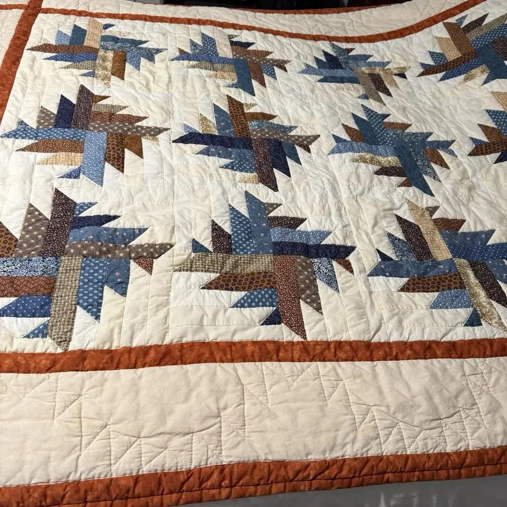 Handmade Quilt Throw Patchwork Star Pattern Cream Blue Rustic Cottage Bed Topper